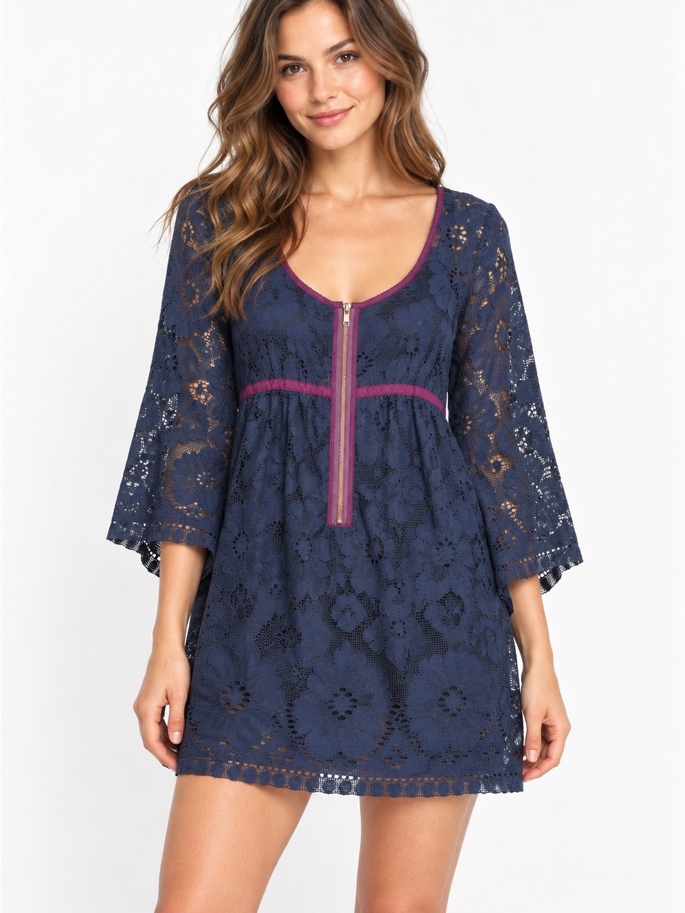 Free People Navy Lace Swimsuit Cover Up Tunic Dress Pink Trim Boho Size Small